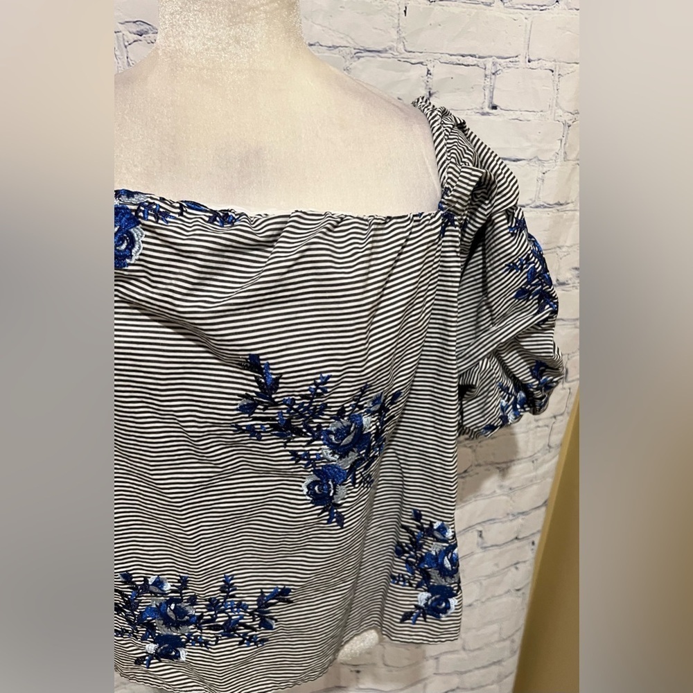 Marc Bouwer Embroidered Woven Lantern Sleeve Off-the-Shoulder Knit Lined Top XL - Picture 4 of 9